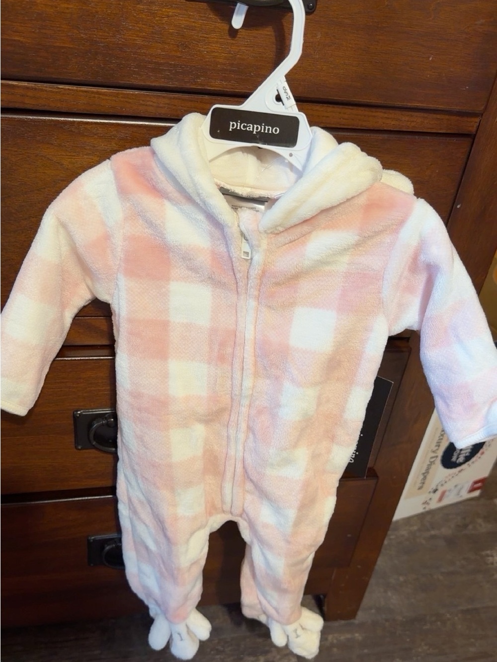 Picapino Pink and White Plush Hooded Footie One-Piece for Kids